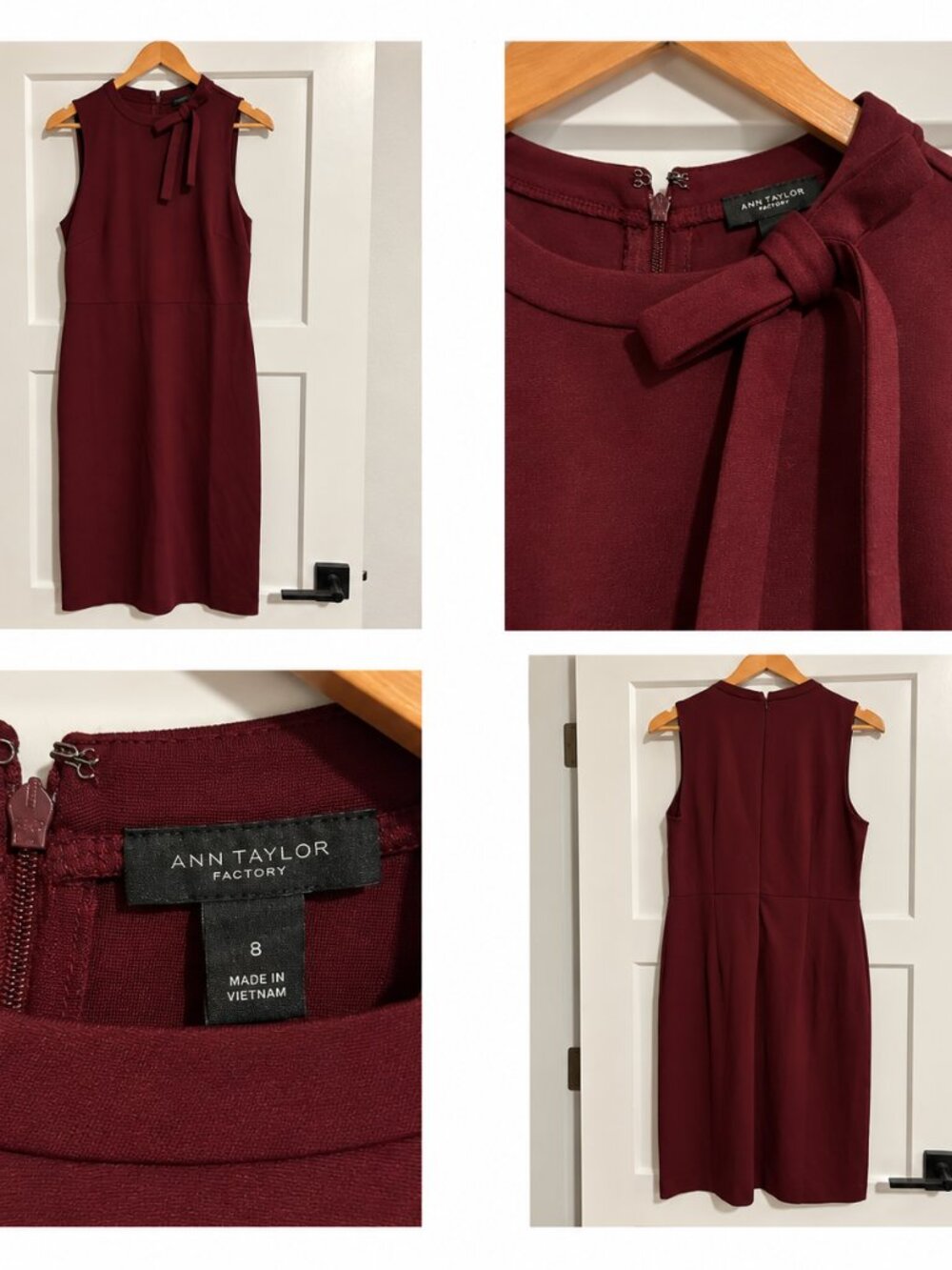 Ann Taylor Factory Size 8 Burgundy Tie Neck Sheath Dress Cranberry